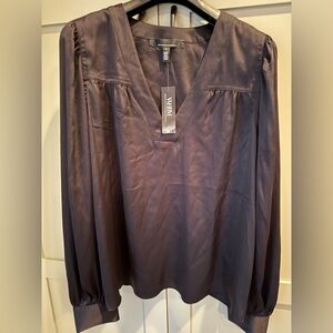 NWT White House Black Market Satin Elegant Black Blouse SZ L